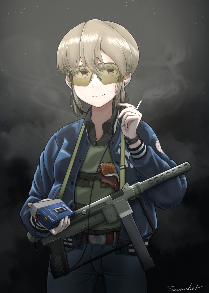 1girl absurdres belt black_shirt blonde_hair blue_jacket blue_pants bulletproof_vest cigarette collared_shirt denim highres holding holding_cigarette jacket jeans letterman_jacket light_particles looking_at_viewer open_collar orange_eyes original pants safety_glasses savankov shirt signature smoke solo walkman zastava_m76