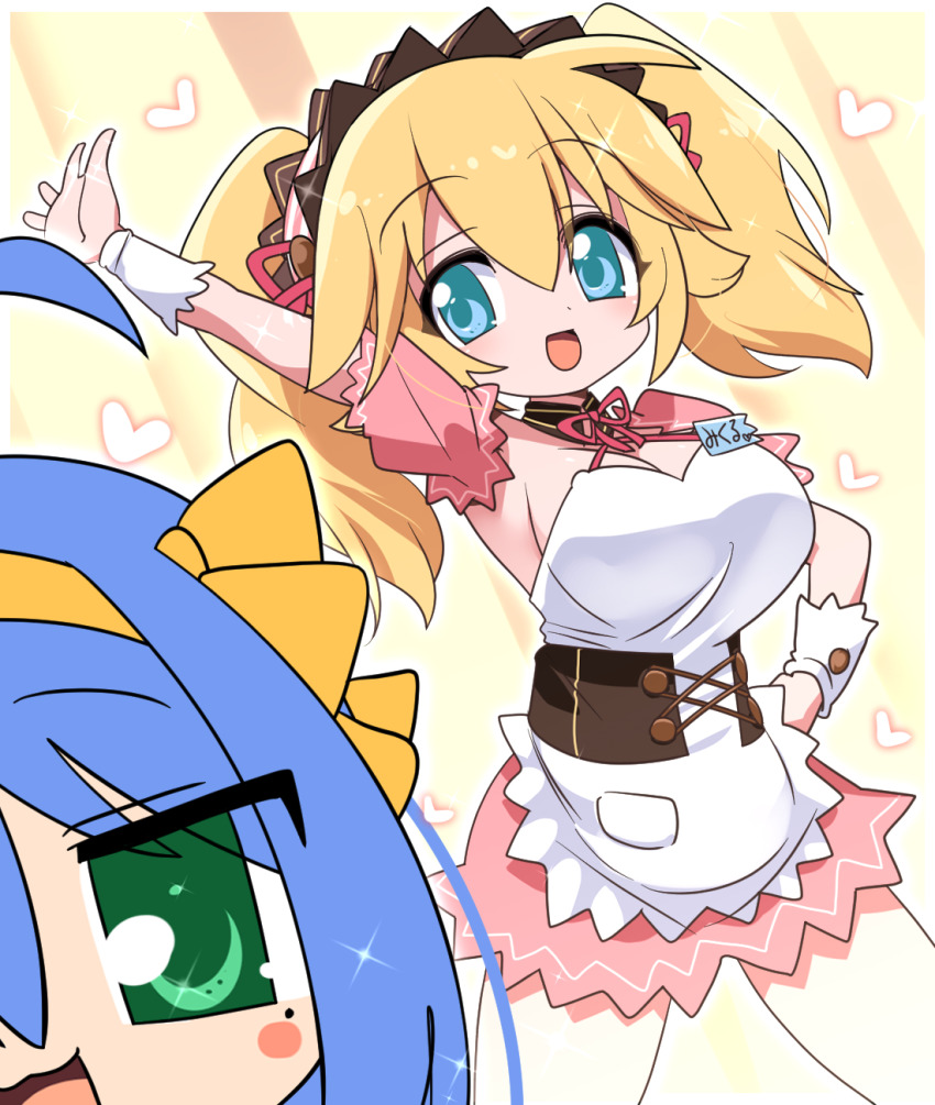 2girls :d alternate_costume apron arm_up blonde_hair blue_eyes blue_hair blush breasts brown_corset commentary_request corset cowboy_shot detached_sleeves enmaided green_eyes highres izumi_konata large_breasts lets0020 long_hair looking_at_viewer lucky_star maid maid_headdress multiple_girls neck_ribbon open_mouth patricia_martin pink_ribbon pink_skirt pink_sleeves ribbon skirt smile twintails white_apron yellow_background