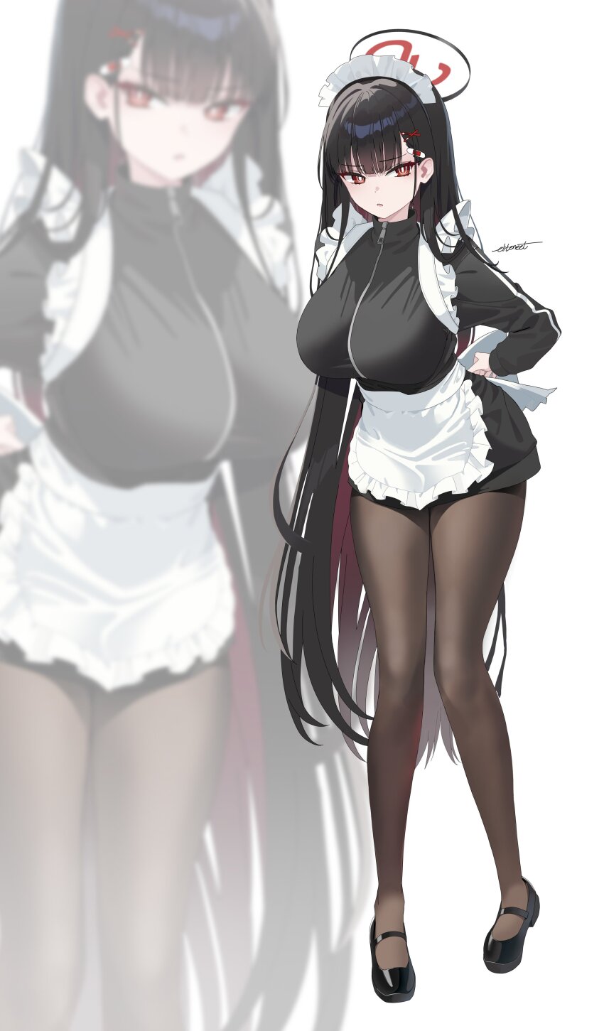 1girl absurdres alternate_costume black_hair black_halo black_pantyhose blue_archive breasts bright_pupils eliteneet halo highres large_breasts multicolored_halo pantyhose red_eyes ringed_eyes rio_(blue_archive) solo two-tone_halo white_pupils