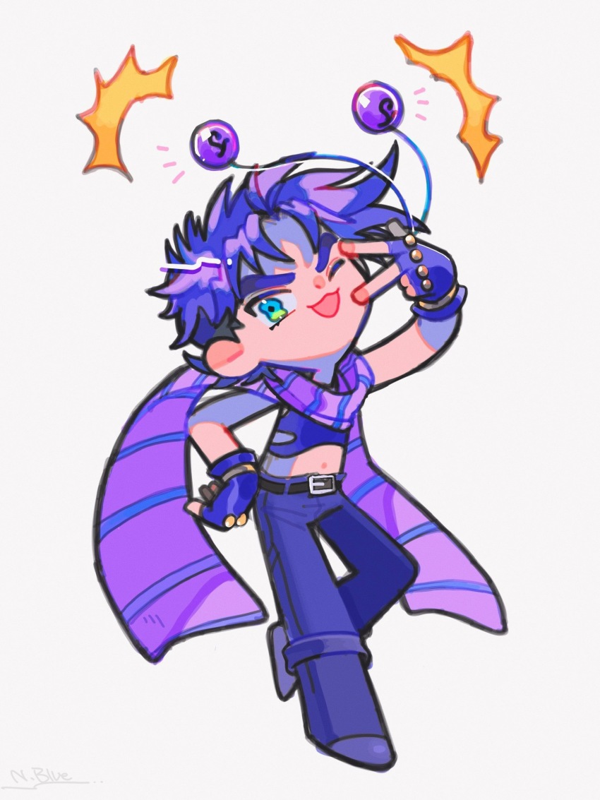 1boy :3 battle_tendency belt boots chibi clacker crop_top fingerless_gloves gloves green_eyes half_gloves hand_on_own_hip highres holding holding_weapon jojo_no_kimyou_na_bouken joseph_joestar joseph_joestar_(young) looking_at_viewer natchan_blue_(nanairopenki) one_eye_closed open_mouth pants purple_hair scarf short_hair signature solo standing standing_on_one_leg v weapon