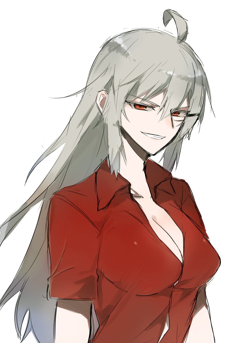 1girl absurdres agtt25333 ahoge breasts facial_scar female_focus gangut_(kancolle) gangut_dva_(kancolle) grey_hair hair_between_eyes highres kantai_collection large_breasts long_hair looking_at_viewer open_clothes red_eyes red_shirt scar scar_on_cheek scar_on_face shirt simple_background solo twitter_username