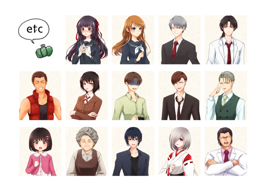 6+boys 6+girls black_hair black_serafuku blue_eyes blue_hair blunt_bangs brown_hair character_request chi119 closed_eyes coat crossed_arms formal_clothes grey_hair hair_ornament hair_ribbon heart heart_hair_ornament highres himeno_mikoto himuro_hitoshi japanese_clothes kaga_tsuyoshi kaii_shoukougun kaii_shoukougun_3 kajiro_haruko kajiro_iyo kajiro_yuka kanamori_hinako kirisaki_shouta kogure_shinichi lab_coat long_hair miko multiple_boys multiple_girls nakagawa_ryousuke necktie official_art old old_woman red_vest ribbon school_uniform serafuku short_hair siblings sisters smile takagi_kenji tan vest white_coat wrinkled_skin