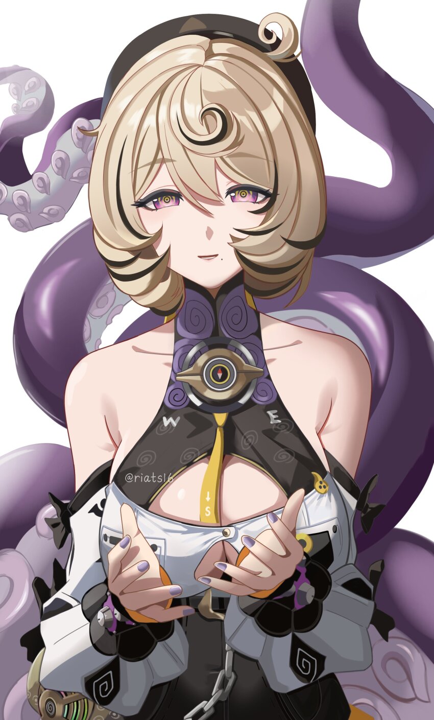 1girl absurdres accessories bare_shoulders beret black_hat blonde_hair breasts button_gap chain cleavage commentary detached_sleeves hair_between_eyes hat high-waist_shorts highres large_breasts mole mole_under_mouth monster_girl open_mouth purple_eyes purple_nails riarts16 scylla shirt short_hair shorts simple_background solo suction_cups symbol-only_commentary tentacle_girl tentacle_tail tentacles twitter_username upper_body white_background white_shirt white_sleeves yidhari_murphy zenless_zone_zero