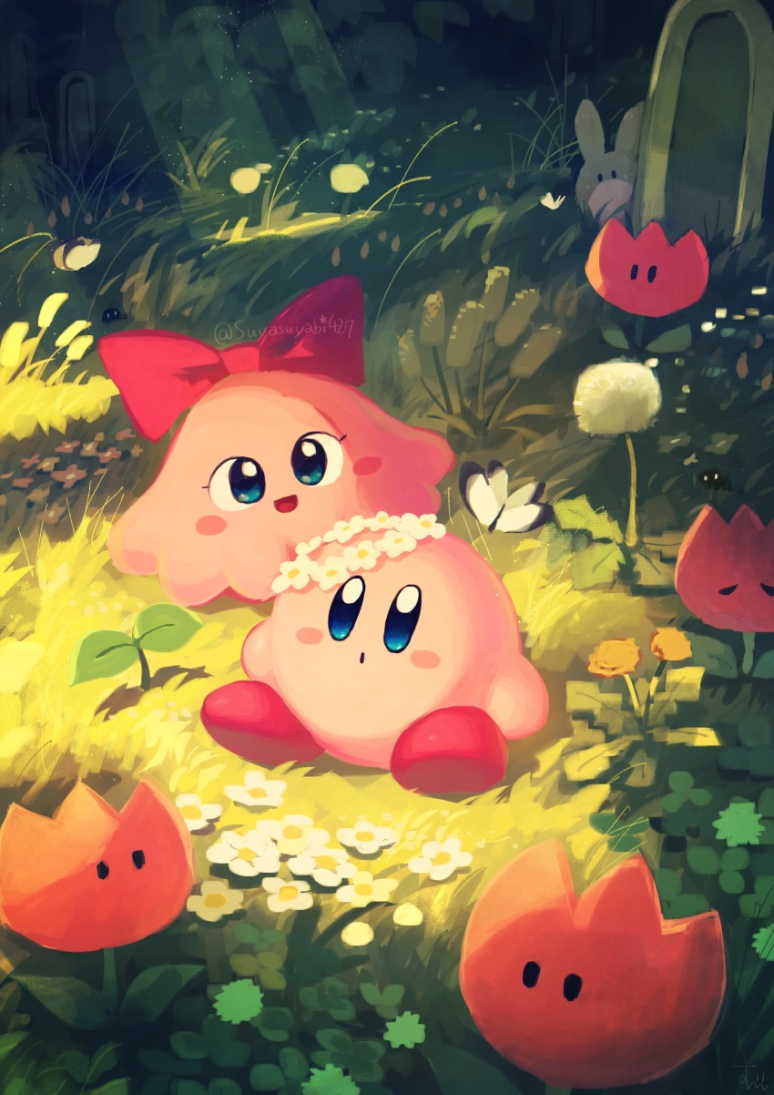 :d :o artist_name blue_eyes blush blush_stickers bow bug butterfly chuchu_(kirby) dandelion dandelion_clock dappled_sunlight flower flower_wreath forest full_body grass head_wreath highres insect kirby kirby_(series) leaf nature nintendo no_humans open_mouth orange_flower outdoors polof rabbit red_bow red_footwear shoes sitting smile sprout sunlight suyasuyabi tombstone tree tulip_(kirby) twitter_username white_flower