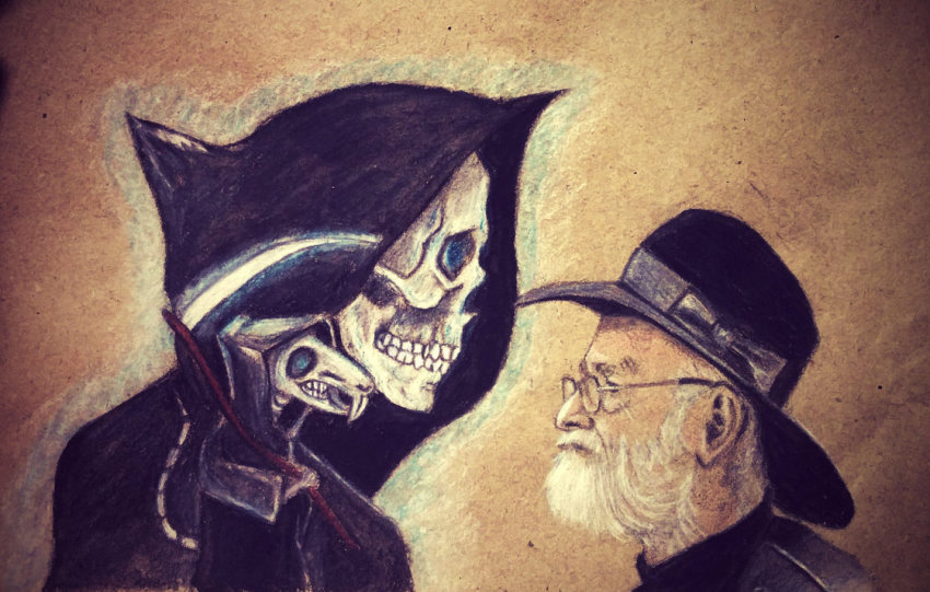 3boys animal beard death_(discworld) death_(entity) death_of_rats discworld facial_hair glasses grim_reaper hat hood jemmd male_focus mouse_(animal) mouse_tail multiple_boys robe scythe skeleton skull snout tail terry_pratchett weapon