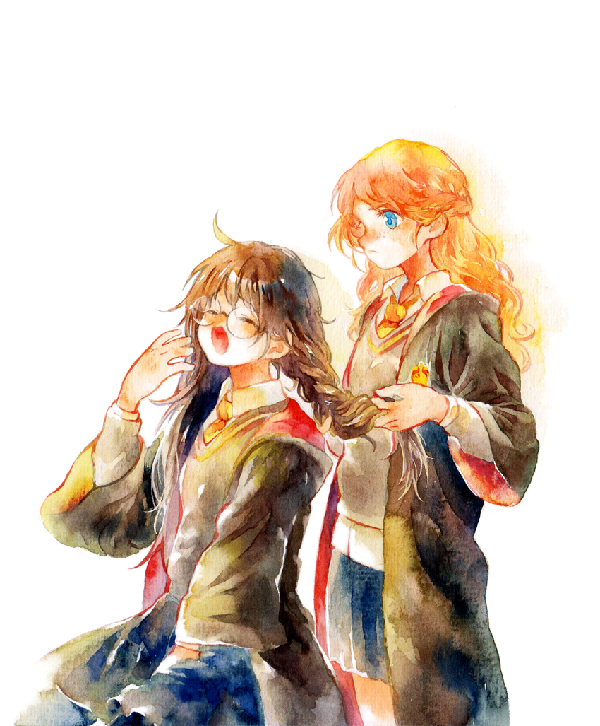 2girls black_robe blue_eyes blue_skirt braiding_hair brown_hair closed_eyes closed_mouth collared_shirt commentary_request cowboy_shot freckles from_side genderswap genderswap_(mtf) glasses grey_sweater gryffindor hairdressing hand_up harry_potter harry_potter_(series) highres hogwarts_school_uniform holding_another&#039;s_hair long_hair looking_at_another messy_hair moekon multiple_girls necktie open_mouth orange_hair orange_necktie painting_(medium) robe ron_weasley school_uniform shirt simple_background sitting skirt standing sweater traditional_media watercolor_(medium) white_background white_shirt wizarding_world yawning