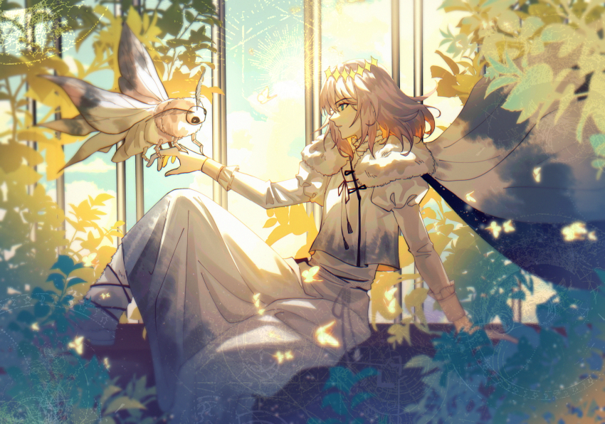 1boy blanca_(fate) bug cape fate/grand_order fate_(series) fur-trimmed_cape fur_trim highres insect male_focus mingye_(pixiv_9910629) moth oberon_(fate) oberon_(second_ascension)_(fate) sitting tunic white_tunic windowsill