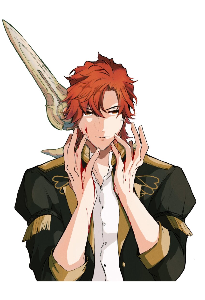 1boy arms_up blood blood_on_face blood_on_hands buttons cimile07 collared_jacket collared_shirt commentary_request cropped_torso dress_shirt empty_eyes fire_emblem fire_emblem:_three_houses garreg_mach_monastery_uniform highres jacket lance_of_ruin lapels male_focus nintendo open_clothes open_collar open_jacket orange_eyes orange_hair parted_bangs parted_lips partially_shaded_face polearm school_uniform shirt simple_background sleeve_cuffs sleeves_rolled_up solo sylvain_jose_gautier tassel weapon weapon_on_back white_background white_shirt