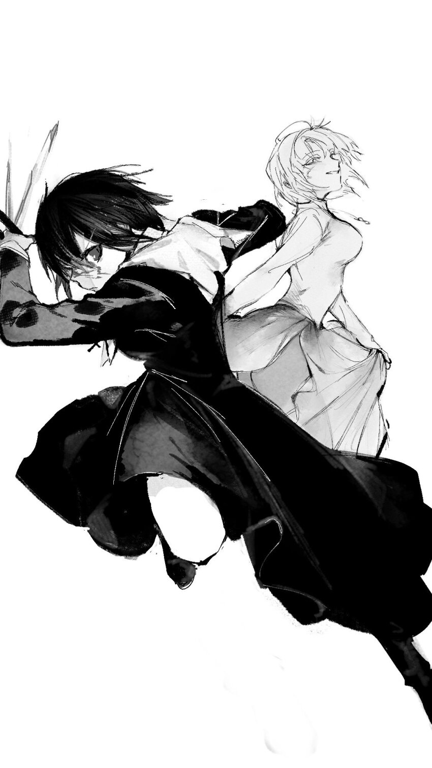 ahoge angry arcueid_brunestud ass black_keys_(type-moon) black_tunic blood blood_on_face breasts ciel_(tsukihime) clothes_lift floating_clothes floating_hair hair_over_one_eye highres holding holding_weapon jewelry large_breasts long_skirt looking_at_another medium_breasts monochrome necklace numuhe pantyhose red_arcueid short_hair simple_background skirt skirt_lift smile sweater tsukihime tsukihime_(remake) tunic turtleneck turtleneck_sweater weapon white_sleeve_cuffs wing_collar