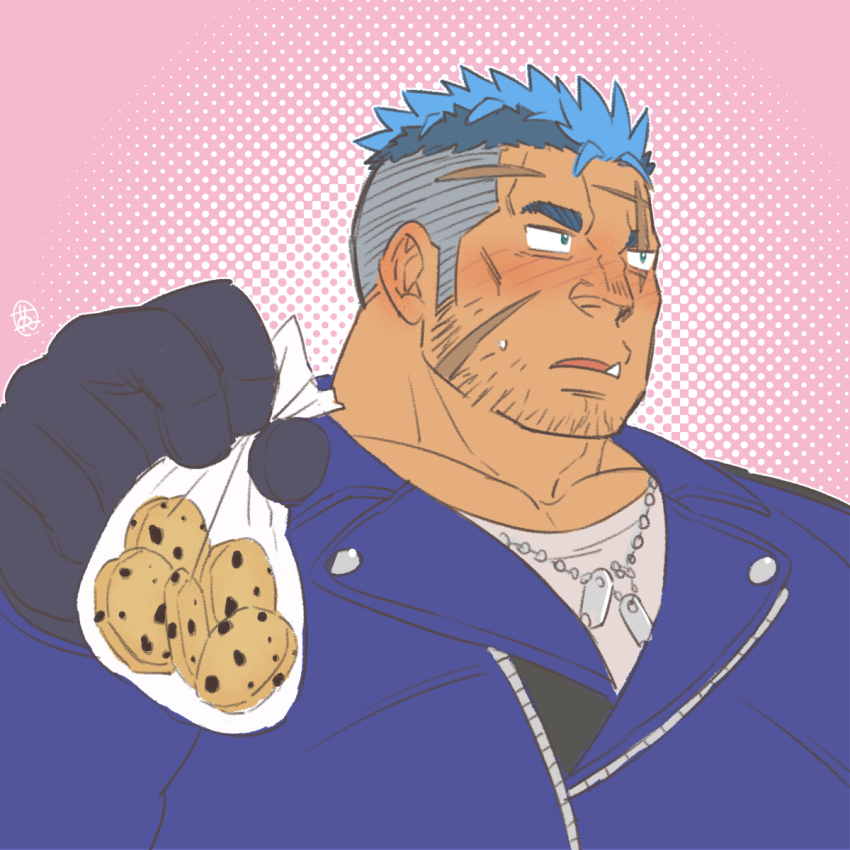 1boy averting_eyes bara beard beard_stubble blue_hair blush chocolate_chip_cookie cookie cross_scar dark-skinned_male dark_skin dog_tags ei_(marutendon) facial_hair facial_scar fang food highres incoming_gift large_pectorals live_a_hero male_focus mature_male multicolored_hair muscular muscular_male pectoral_cleavage pectorals scar scar_on_cheek scar_on_face scar_on_forehead short_hair shy sideburns solo stubble thick_eyebrows tusks two-tone_hair undercut valentine yoshiori_(live_a_hero)