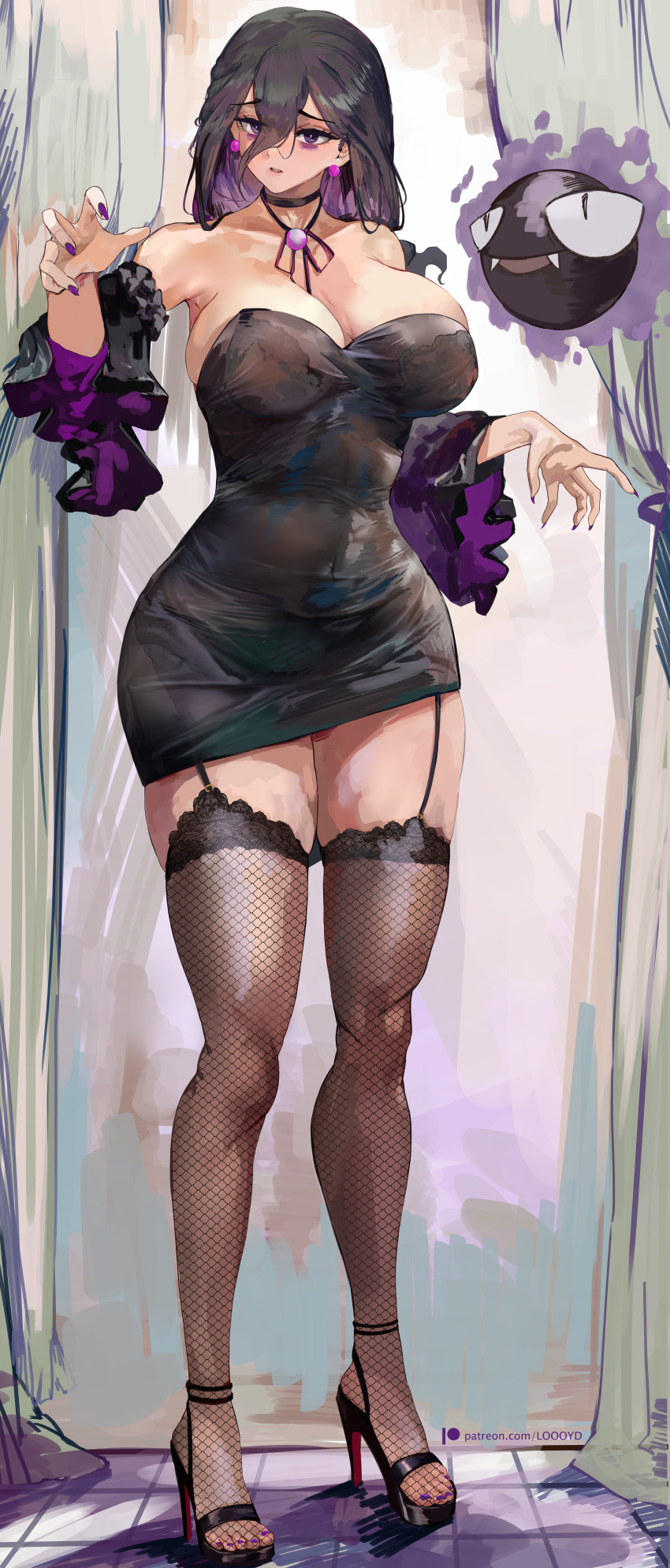 1girl absurdres bare_shoulders breasts cleavage curvy detached_sleeves earrings female_focus fishnet_thighhighs fishnets full_body gastly gen_1_pokemon hex_maniac_(pokemon_legends:_z-a) high_heels highres incredibly_absurdres jewelry large_breasts looking_at_viewer loooyd medium_hair nail_polish nintendo pokemon pokemon_legends:_z-a purple_eyes skindentation solo thick_thighs thighhighs thighs toenail_polish toenails wide_sleeves
