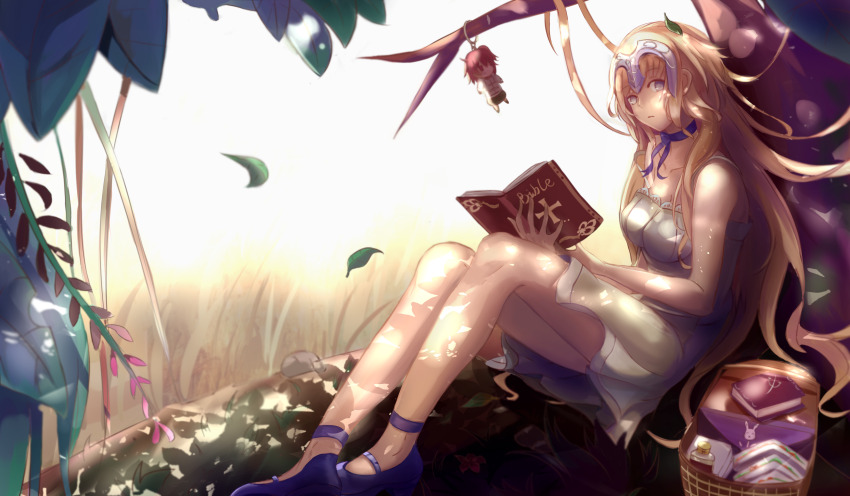 absurdres basket bible_(object) blonde_hair blue_eyes blue_shoes book branch charm_(object) cross dress eyebrows_hidden_by_hair falling_leaves fate/grand_order fate_(series) field fujimaru_ritsuka_(female) high_heels highres jeanne_d&#039;arc_(fate) latin_cross leaf long_hair miakiuehashi neck_ribbon plant ribbon shoes tree vines white_dress