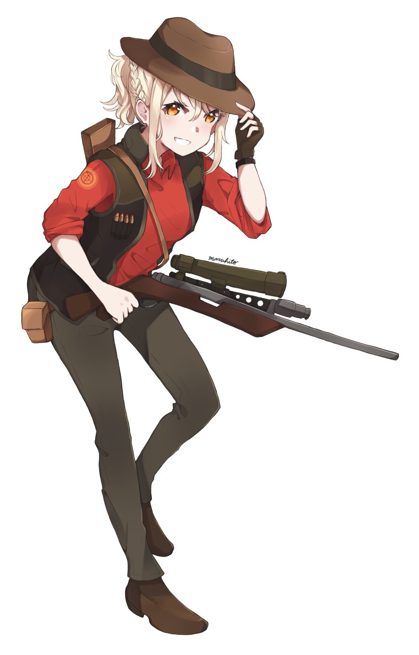 1girl :d absurdres artist_name blonde_hair braid brown_gloves brown_hat brown_pants brown_shoes brown_vest collared_shirt commentary commission cosplay cowboy_hat fingerless_gloves foot_up gloves grin gun half_up_braid hat highres hito_(maruhito) holding holding_gun holding_weapon looking_at_viewer love_live! love_live!_nijigasaki_high_school_idol_club medium_hair miyashita_ai open_clothes open_mouth open_vest orange_eyes pants ponytail red_shirt red_sniper_(tf2) rifle shirt shoes short_ponytail sidelocks signature simple_background single_fingerless_glove single_glove smile sniper_(tf2) sniper_(tf2)_(cosplay) sniper_rifle solo split_mouth standing tachi-e team_fortress_2 three-quarter_sleeves vest weapon white_background