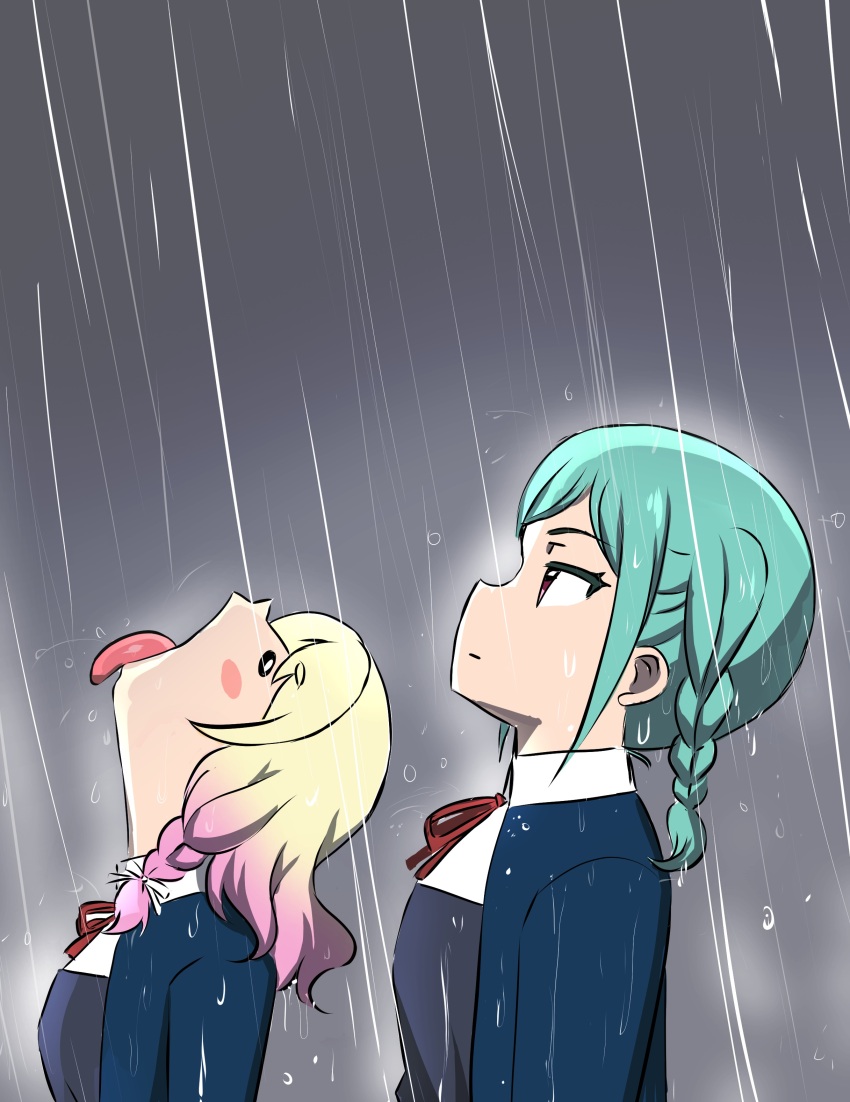 2girls absurdres blonde_hair blue_jacket box_wonderland braid braided_sidelock from_side goku_and_vegeta_in_the_rain_(meme) green_hair grey_background grey_vest highres jacket long_sleeves looking_up love_live! love_live!_superstar!! medium_hair meme multicolored_hair multiple_girls neck_ribbon onitsuka_natsumi onitsuka_tomari open_mouth pink_eyes pink_hair rain red_ribbon ribbon school_uniform serious shirt short_hair siblings sisters tongue tongue_out twin_braids vest wet white_shirt yuigaoka_school_uniform