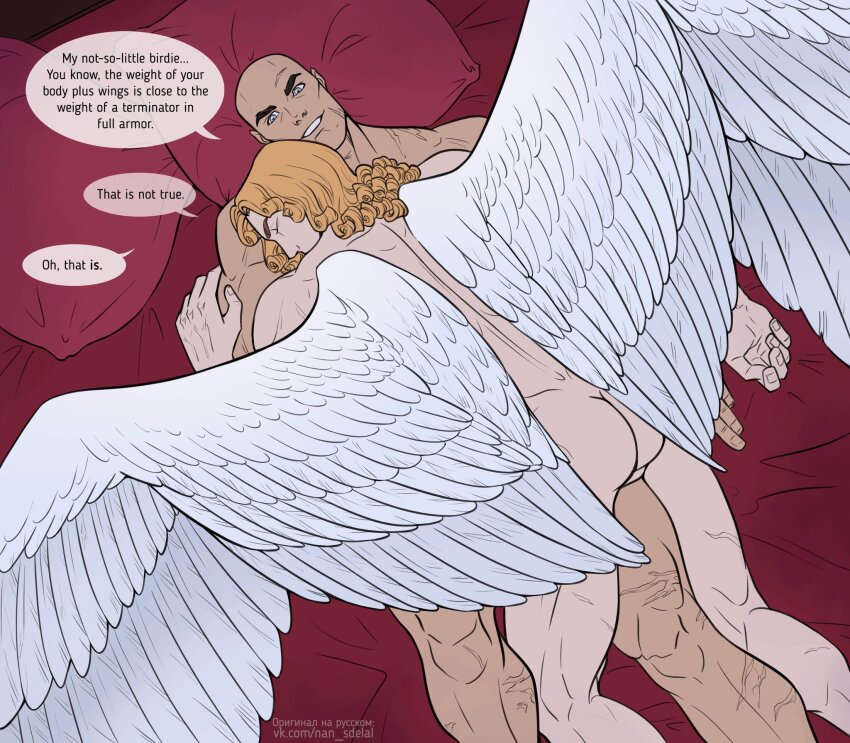 2boys angel angel_wings bald bara bed bed_sheet bedding black_legion blonde_hair blood_angels blue_eyes closed_eyes commentary commentary_request completely_nude cuddling curly_hair english_commentary english_text entangled feathered_wings feathers from_above grey_eyes hand_on_another&#039;s_arm hatching_(texture) head_on_another&#039;s_shoulder head_on_pillow highres horus_lupercal implied_after_sex indoors long_hair lying lying_on_person male_focus multiple_boys muscular muscular_male natalia_kikicheva nude on_back on_bed on_stomach pillow primarch red_pillow red_sheet sanguinius scar scar_on_face scar_on_leg scar_on_shoulder speech_bubble spine spread_wings straight_hair teeth testicles thick_eyebrows uncensored vkontakte_username warhammer_40k watermark web_address white_feathers white_wings wings yaoi