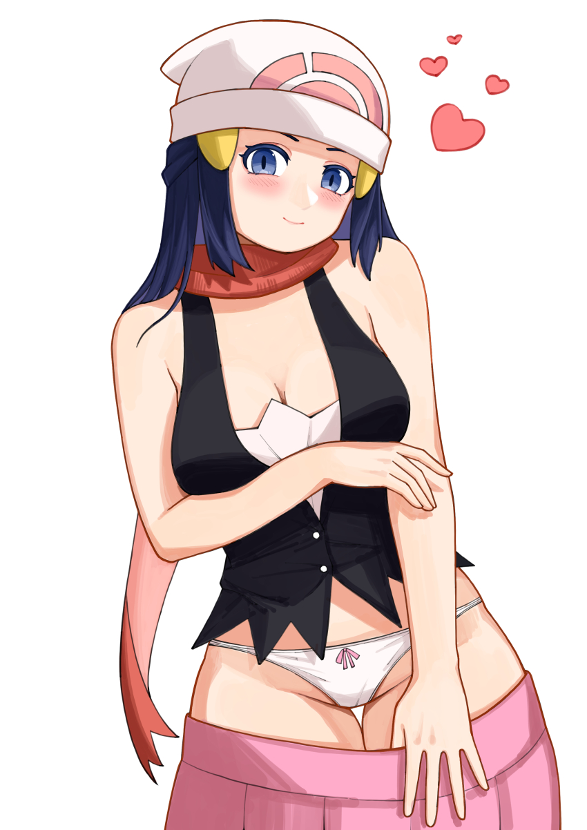 1girl absurdres beanie black_shirt blue_eyes blue_hair blush bow bow_panties breasts cleavage clothes_pull cowboy_shot dawn_(pokemon) female_focus hair_ornament hairclip hat heart highres long_hair looking_at_viewer matching_hair/eyes medium_breasts nintendo panties pink_bow pink_skirt poke_ball_print pokemon pokemon_(anime) pokemon_dppt pokemon_dppt_(anime) red_scarf scarf shirt sidelocks simple_background skirt skirt_pull smile solo standing thigh_gap underwear white_background white_hat white_panties wudumm