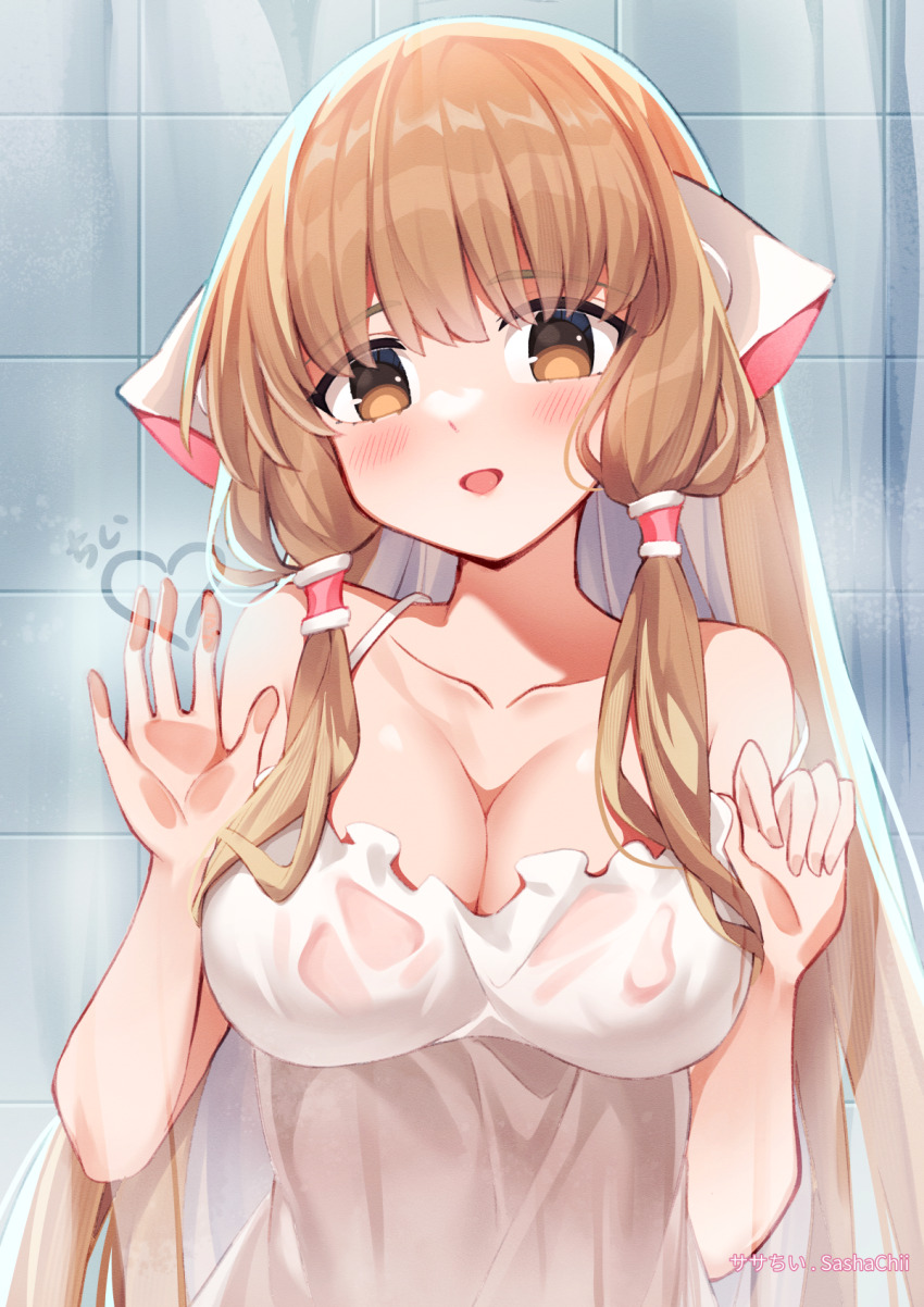 1girl against_fourth_wall against_glass artist_name bare_arms bare_shoulders blush breasts brown_eyes brown_hair chii chobits cleavage collarbone drawn_heart dress frilled_dress frills hair_tubes hands_up heart highres large_breasts long_hair looking_at_viewer open_mouth robot_ears sasha_chii sidelocks sleeveless sleeveless_dress smile solo spaghetti_strap straight_hair strap_slip tile_wall tiles upper_body very_long_hair wet wet_clothes wet_dress white_dress