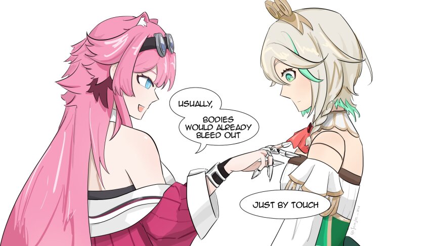 animal_ear_fluff animal_ears cecilia_immergreen cecilia_immergreen_(1st_costume) claw_(weapon) detached_sleeves doll_joints english_text goggles green_eyes green_hair grey_hair highres hololive hololive_english joints kaje_zu long_hair multicolored_hair multiple_girls panther_ears panther_girl pink_hair raora_panthera raora_panthera_(1st_costume) short_hair streaked_hair virtual_youtuber weapon white_background winding_key