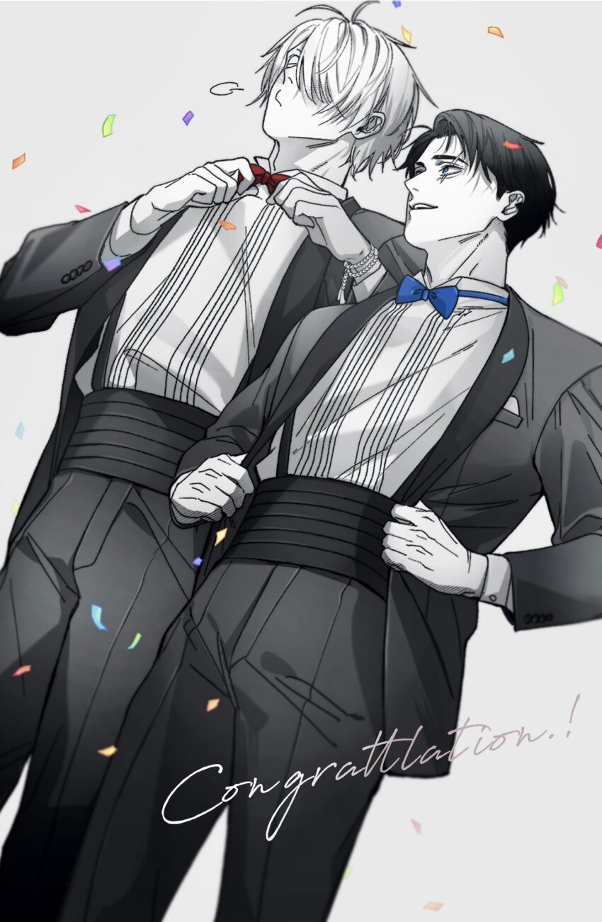 2boys blue_bow blue_bowtie bow bowtie character_request coat collared_shirt confetti congratulations copyright_request dutch_angle english_text formal_clothes highres male_focus multiple_boys pants red_bow red_bowtie scar scar_across_eye scar_on_face shirt short_hair simple_background siraco_(sira5_3) spot_color suit white_background