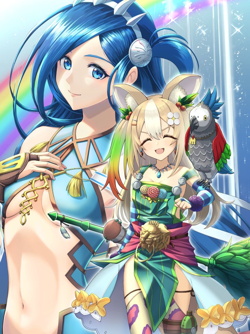 2girls amemochi_nina animal_ear_fluff animal_ears animal_on_arm bird bird_on_arm blonde_hair blue_eyes blue_hair breasts bridal_gauntlets broom chiga_akira closed_eyes dana_iclucia double-parted_bangs hair_ornament hairclip highres holding holding_broom long_hair looking_at_viewer multicolored_hair multiple_girls navel open_mouth parrot parted_bangs sideboob small_breasts smile streaked_hair suspenders swept_bangs underboob varium virtual_youtuber ys ys_viii_lacrimosa_of_dana