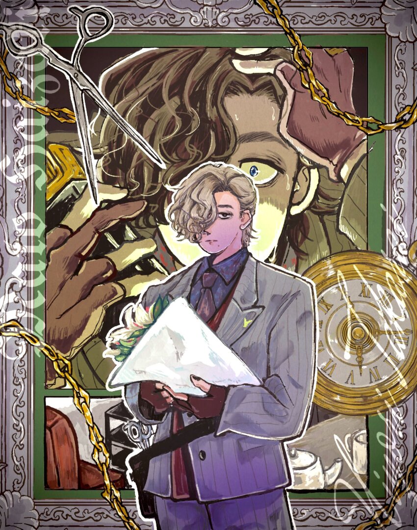 1boy asymmetrical_bangs belt_buckle blue_eyes blue_shirt border bouquet brown_eyes brown_hair buckle chain character_name collared_shirt commentary_request constricted_pupils cowboy_shot curly_hair curtained_hair flower flower_request formal_clothes gloves gold_chain grey_suit hair_over_one_eye hand_on_own_head highres holding holding_bouquet hunched_over hypnosis_mic hypnosis_mic:_rule_the_stage hypnosis_microphone jacket lapel_pin lapels light_frown looking_at_viewer male_focus mole mole_under_mouth necktie nyoki_nyaki ornate_border outline partially_fingerless_gloves peaked_lapels pocket_watch projected_inset purple_necktie red_gloves red_vest scissors shaded_face shirt short_hair standing striped_suit suit suit_jacket sweat takarai_hiyori tea_set unbuttoned very_sweaty vest watch white_outline