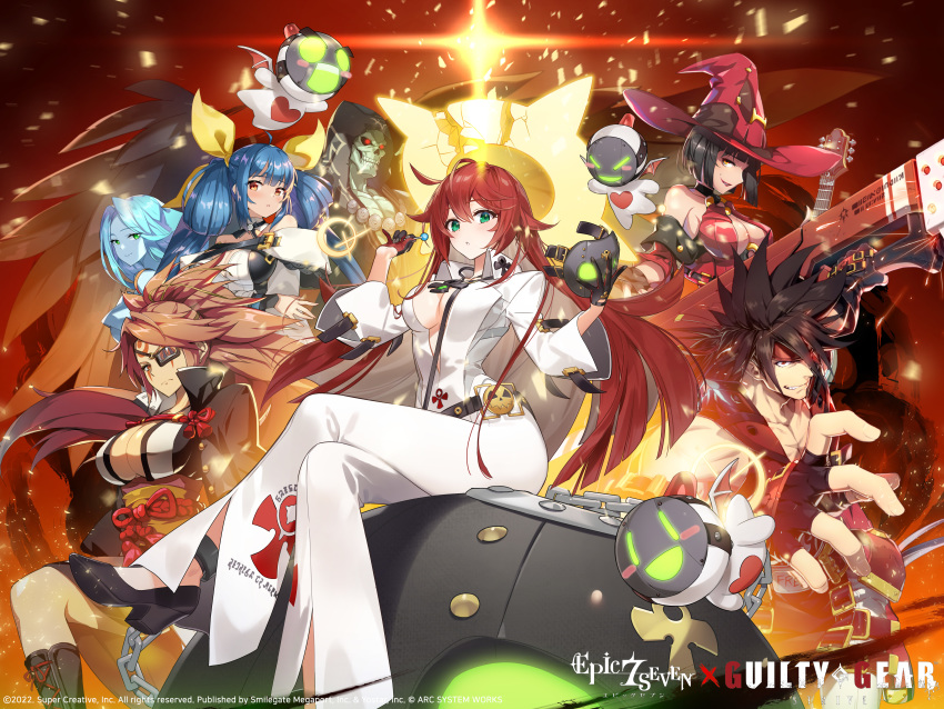 1boy 4girls absurdres ankh ankh_necklace ankh_print artist_request baiken ball_and_chain_restraint bare_shoulders belt black_hair blue_hair blush bodysuit breasts broken_halo brown_hair candy cleavage collarbone company_name copyright_name crossed_legs dizzy_(guilty_gear) epic_seven eyepatch facial_mark fingerless_gloves floating floating_object food full_body gloves guilty_gear guilty_gear_strive guilty_gear_xrd halo hat headband highres holding i-no jack-o&#039;_valentine japanese_clothes knight_servant large_breasts lipstick logo lollipop long_hair long_sleeves looking_at_viewer makeup mask mole multicolored_hair multiple_girls necro_(guilty_gear) obi official_art pink_eyes pink_hair red_eyes red_hair sash shoes simple_background sitting skin_tight smile sol_badguy twintails two-tone_hair undine_(guilty_gear) white_bodysuit white_hair wings witch_hat