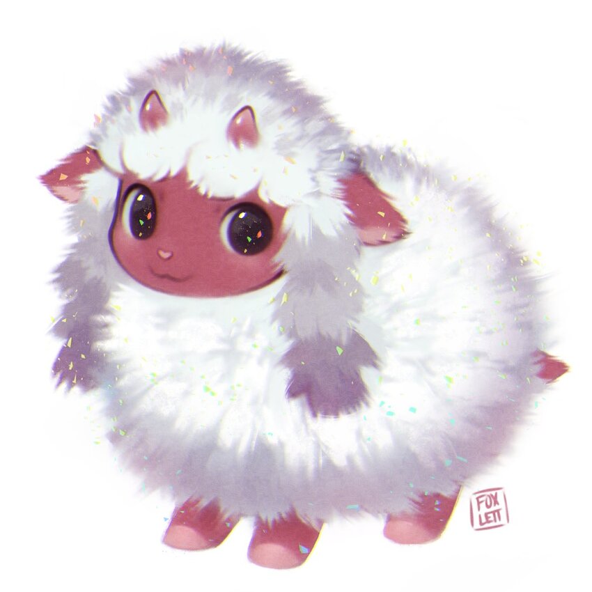 :3 animal_focus braid commentary fluffy foxlett gen_8_pokemon horns looking_at_viewer low_twin_braids nintendo no_humans pokemon pokemon_(creature) sheep signature simple_background solo sparkle standing tail twin_braids white_background white_fur wooloo