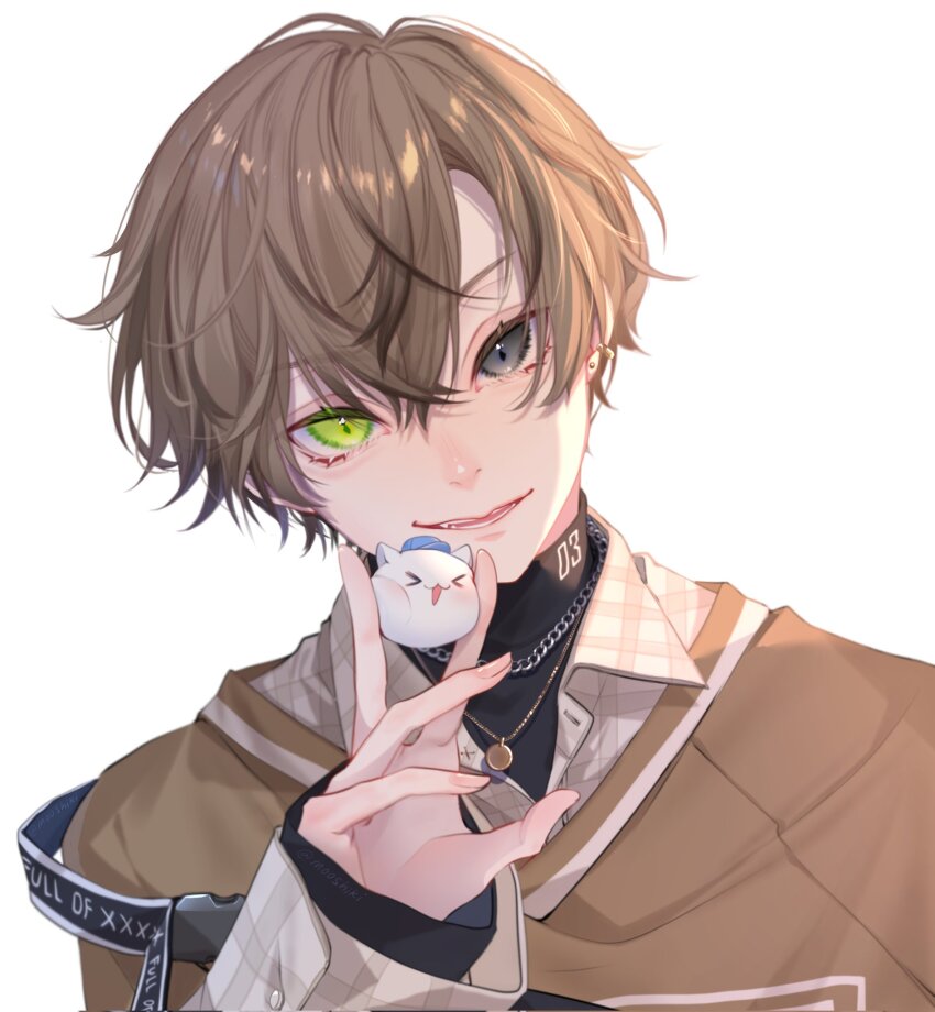 1boy alban_knox alban_knox_(2nd_costume) artist_name black_undershirt brown_hair brown_shirt chain chain_necklace collared_shirt commentary_request crossed_bangs green_eyes grey_eyes hair_between_eyes hand_up heterochromia highres holding jewelry long_sleeves looking_at_viewer male_focus mooshiki necklace nijisanji nijisanji_en parted_lips shirt short_hair simple_background smile solo upper_body virtual_youtuber white_background