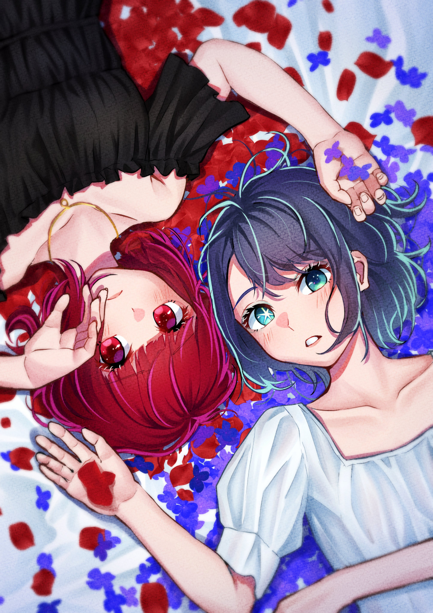 2girls aboreen absurdres arima_kana blue_eyes blue_hair bob_cut collarbone frills gradient_hair highres inverted_bob jewelry kurokawa_akane lying mismatched_pupils multicolored_hair multiple_girls necklace no_pupils off_shoulder on_back oshi_no_ko petals red_eyes red_hair star-shaped_pupils star_(symbol) star_in_eye swept_bangs symbol-shaped_pupils symbol_in_eye