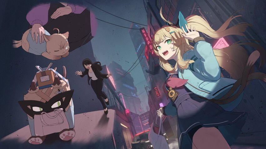 2girls absurdres animal_ears aqua_jacket black_serafuku black_shorts blonde_hair brown_hair cat_ears cat_girl cat_tail genshin_impact green_eyes hair_ornament hairclip highres hoyofair jacket kirara_(cat)_(genshin_impact) kirara_(genshin_impact) long_hair long_sleeves looking_at_viewer multiple_girls multiple_tails neckerchief odd_(hin_yari) open_mouth red_neckerchief red_skirt school_uniform serafuku shorts skirt sweater_jacket tail two_tails