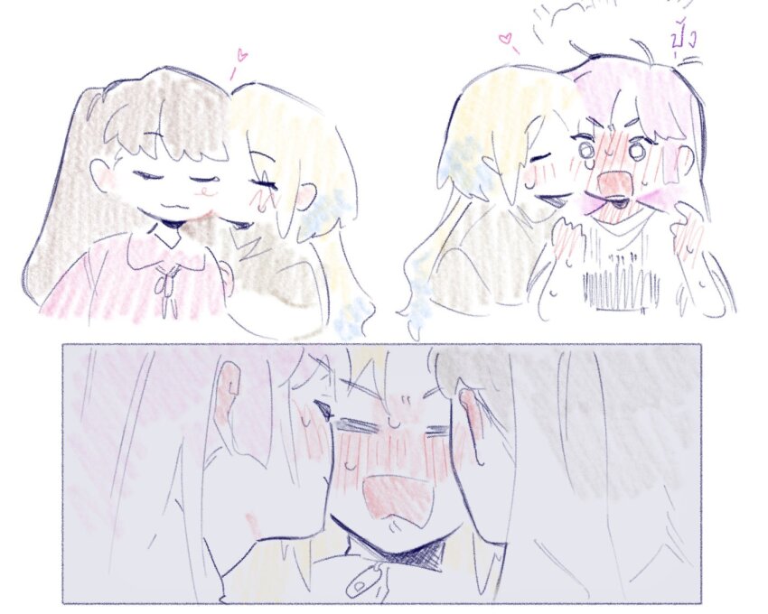 3girls :3 anyoji_hime anyoji_hime_(summer_loungewear) blonde_hair blunt_bangs blush brown_hair brown_shirt closed_eyes commentary cropped_torso dress fujishima_megumi fujishima_megumi_(summer_loungewear) full-face_blush hair_down heart kiss kissing_cheek link!_like!_love_live! long_hair loungewear love_live! mira-cra_park! multiple_girls nose_blush osawa_rurino osawa_rurino_(summer_loungewear) pink_dress pink_hair pipi_(m1x_mix) polyamory shirt sidelocks sweat swept_bangs symbol-only_commentary two_side_up u_u v-shaped_eyebrows virtual_youtuber white_shirt yuri