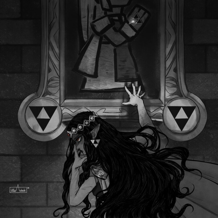 1girl black_hair brick_wall earrings elbow_gloves from_side gloves greyscale hand_on_own_face highres indoors jewelry littleaubade messy_hair monochrome nintendo outstretched_hand painting_(object) picture_frame pointy_ears portrait_(object) princess_hilda princess_zelda red_eyes solo spot_color the_legend_of_zelda the_legend_of_zelda:_a_link_between_worlds tiara triforce upper_body