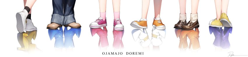 6+girls asuka_momoko black_socks blue_footwear blue_pants boots brown_footwear copyright_name denim different_reflection facing_away feet feet_only foot_focus fujiwara_hazuki harukaze_doremi highres jeans loafers long_image makihatayama_hana multiple_girls ojamajo_doremi orange_boots orange_shoes pants pink_boots pink_shoes pink_socks pointy_footwear purple_footwear reflection reflective_floor ryota_(ry_o_ta) segawa_onpu senoo_aiko shoes simple_background sneakers socks standing white_background white_footwear white_socks wide_image yellow_boots yellow_shoes