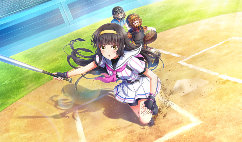3girls baseball baseball_base baseball_bat baseball_glove baseball_stadium baseball_uniform belt belt_pouch bike_shorts_under_skirt black_belt black_footwear black_gloves black_hair black_pouch black_shorts black_undershirt blue_shirt blunt_bangs catcher&#039;s_mask catcher_(baseball) chest_protector cinderella_series dust_cloud dutch_angle film_grain fingerless_gloves full_body game_cg gloves hachigatsu_no_cinderella_nine hairband highres holding holding_baseball_bat lens_flare light_particles long_hair metal_baseball_bat multiple_girls neckerchief non-web_source official_art open_mouth outdoors pink_neckerchief playing_sports pleated_skirt pouch red_eyes running satogahama_baseball_uniform shin_guards shirt shirt_under_shirt short_sleeves shorts skirt solo_focus sportswear squatting standing striped_belt striped_clothes striped_shirt tsukishima_yui_(hachigatsu_no_cinderella_nine) umpire vertical-striped_clothes vertical-striped_shirt wristband yellow_eyes yellow_hairband