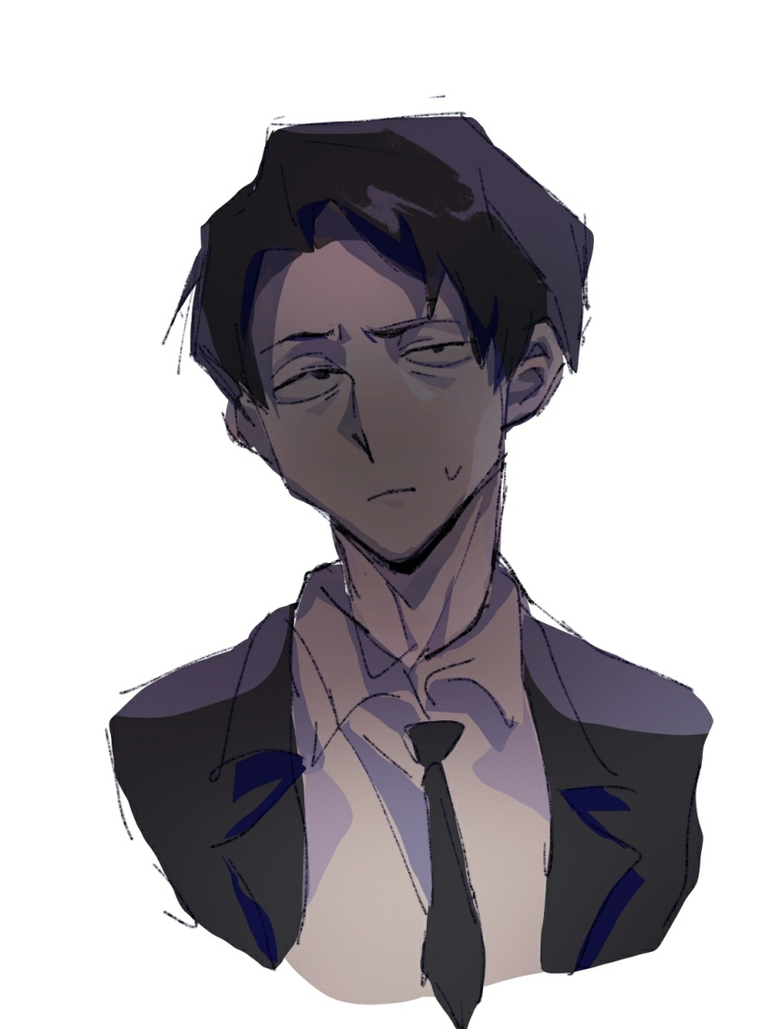 1boy beiquqian black_eyes black_hair black_jacket black_necktie chinese_commentary closed_mouth commentary_request cropped_shoulders highres jacket lapels library_of_ruina male_focus necktie notched_lapels open_clothes open_jacket project_moon roland_(project_moon) sanpaku shirt short_hair simple_background solo sweat white_background white_shirt