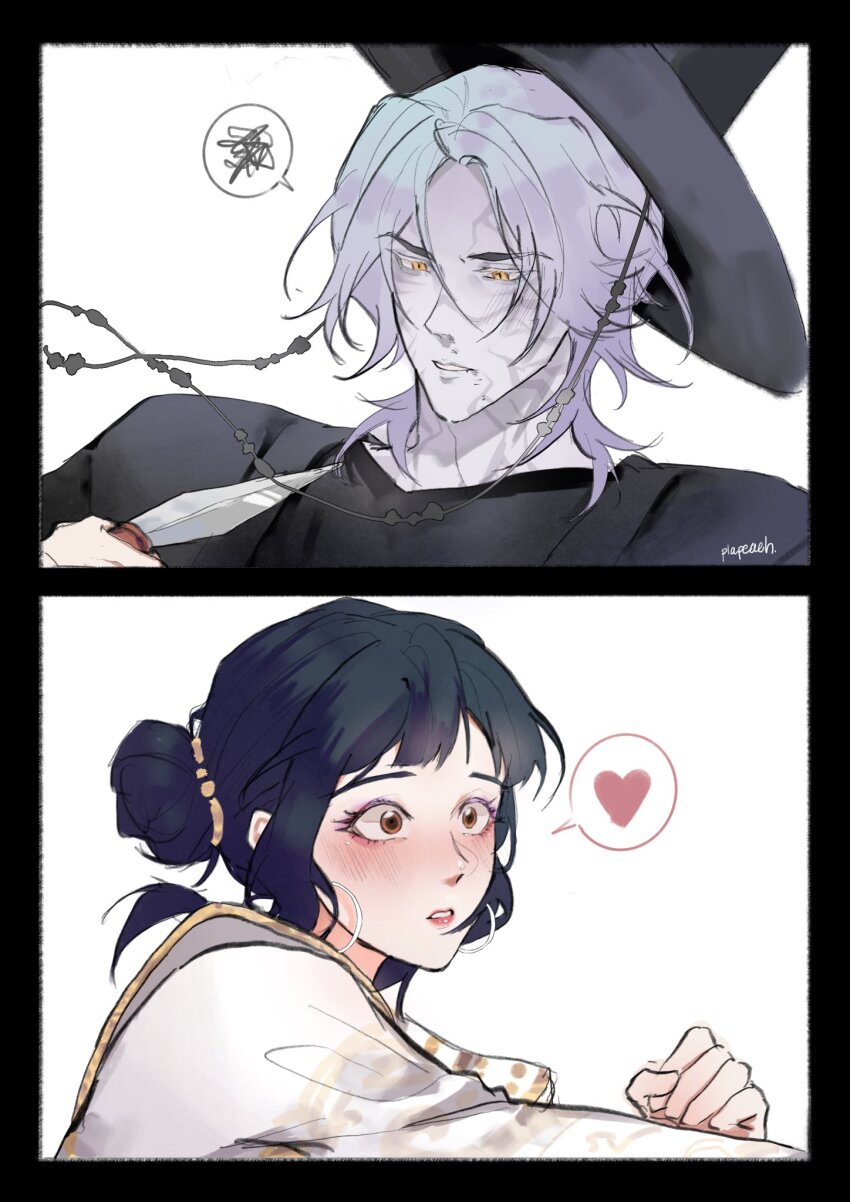 1boy 1girl annoyed black_hair blush brown_eyes dagger demon demon_boy double_bun hair_bun heart hetero highres holding holding_dagger holding_knife holding_weapon knife korean_clothes korean_traditional_hat kpop_demon_hunters light_blush mystery_(kpop_demon_hunter) plapeach_v2 weapon white_hair yellow_eyes zoey_(kpop_demon_hunters)