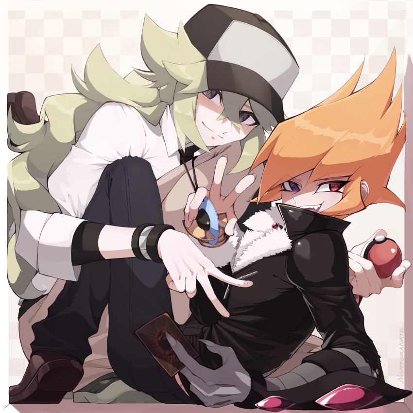 2boys black_coat black_gauntlets black_hat black_pants box bracelet brown_shoes coat crossover double-parted_bangs dress_shirt facing_another fur-trimmed_coat fur_trim green_shoes grey_eyes hair_slicked_back hand_on_ground hat heterochromia highres holding holding_jewelry holding_necklace holding_poke_ball jewelry khaki_pants knees_up leaning_back leaning_forward long_bangs looking_to_the_side male_focus multiple_boys n_(pokemon) necklace nintendo nuumigranate on_ground open_mouth orange_hair pants poke_ball pokemon pokemon_bw ponytail popped_collar purple_eyes red_eyes shirt shoes sleeves_rolled_up spiked_hair stuck_in_a_box v vector_(yu-gi-oh!) white_background white_shirt yu-gi-oh! yu-gi-oh!_zexal