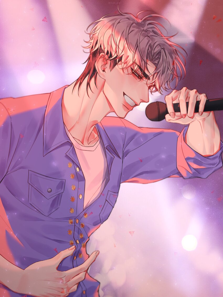 1boy absurdres black_hair blue_shirt blurry bokeh depth_of_field eunho_(plave) from_side hair_between_eyes hand_up highres holding holding_microphone idol k-pop light_particles long_sleeves loose_hair_strand microphone music open_mouth parted_bangs parted_lips plave shirt short_hair singing smile solo stage_lights unbuttoned unbuttoned_shirt white_hair white_shirt yum_606