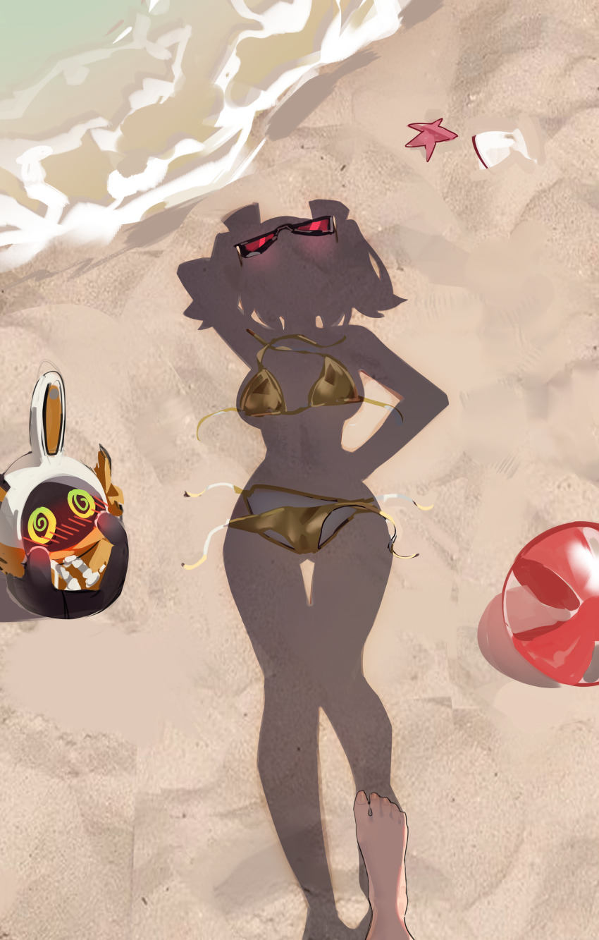 1girl @_@ absurdres aviator_sunglasses ball barefoot beach beachball bikini black-framed_eyewear burnice_white commentary eous_(zenless_zone_zero) female_pov fingernails gold_bikini highres implied_nudity outdoors pov ppangchil red-tinted_eyewear sand shadow standing starfish sunglasses swimsuit symbol-only_commentary tinted_eyewear toenails toes unworn_bikini_bottom unworn_bikini_top zenless_zone_zero