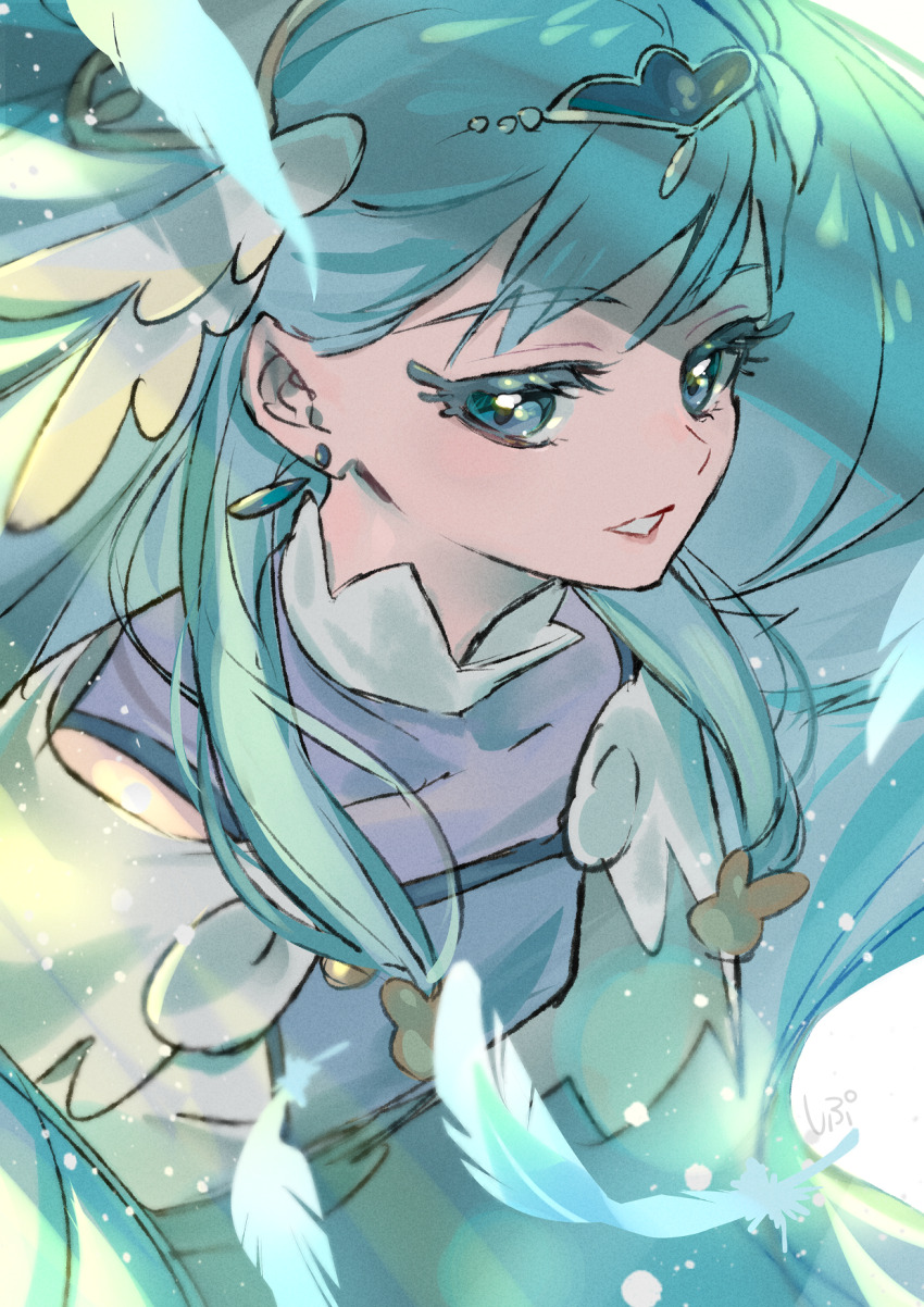 1girl beads blue_dress blue_eyes blue_hair circlet collared_shirt colored_eyelashes covered_collarbone cowboy_shot cure_ange dress earrings feathers floating_earrings hair_beads hair_ornament hairband happy heart heart_hair_ornament high_collar highres hugtto!_precure jewelry light_particles light_rays lipstick long_hair long_sidelocks magical_girl makeup mascara open_mouth pink_lips precure purple_shirt rabbit_hair_ornament shipu_(gassyumaron) shirt shirt_under_dress short_sleeves sidelocks signature smile solo teeth very_long_hair white_background white_hairband white_sleeves wind wing_hair_ornament yakushiji_saaya