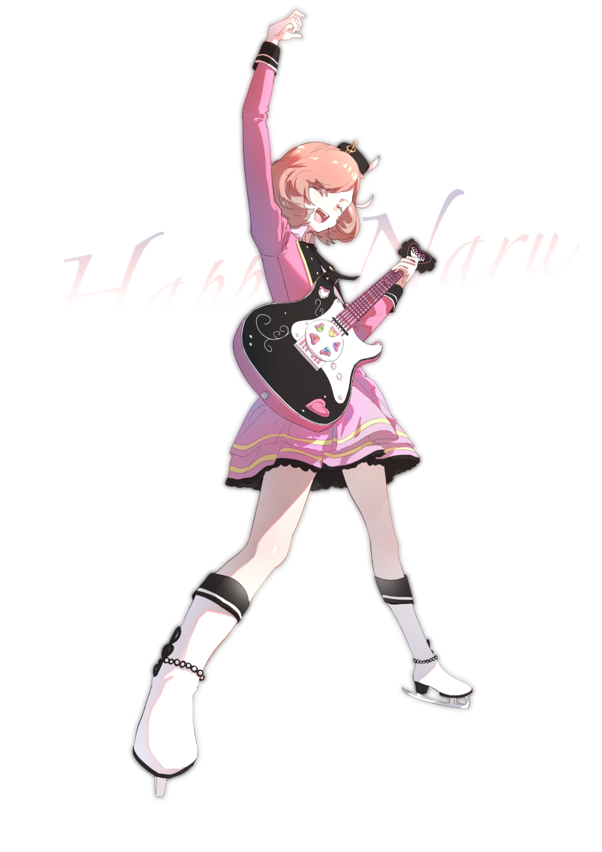 1girl ^_^ absurdres anklet arm_up ayase_naru black_hat black_sleeve_cuffs boots brown_hair buttons character_name closed_eyes electric_guitar frilled_jacket frills full_body guitar happy hat hat_ornament highres ice_skates idol instrument jacket jewelry knee_boots knees lace lace-trimmed_skirt lace_trim legs_apart long_sleeves mini_hat miniskirt morgue_(southsakura) music musical_note_hat_ornament open_mouth pink_jacket pink_skirt playing_guitar playing_instrument pleated_skirt pretty_rhythm pretty_rhythm_rainbow_live pretty_series short_hair simple_background skates skirt sleeve_cuffs smile solo swept_bangs teeth treble_clef upper_teeth_only white_background white_boots