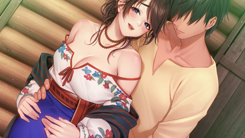 1boy 1girl bare_shoulders breasts brown_eyes brown_hair censored couple dorei_himekishi_to_dorei_jijo_to_no_slow_life farna_(dorei_himekishi_to_dorei_jijo_to_no_slow_life) game_cg hetero highres hug hug_from_behind indoors large_breasts masami_chie mosaic_censoring non-web_source official_art open_mouth shiny_skin smile