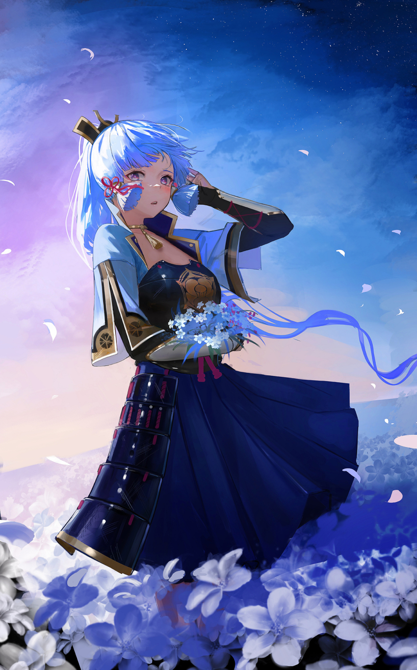 1girl arm_guards armor ayaka_(genshin_impact) blue_flower blue_hair blue_skirt blunt_bangs blunt_tresses blush breastplate dou falling_petals field flower flower_field ganet_p genshin_impact haidate hair_ribbon hair_tie hashtag-only_commentary high_collar high_ponytail highres holding holding_flower japanese_armor japanese_clothes kusazuri light_blue_hair long_hair looking_to_the_side neck_tassel open_mouth petals ponytail purple_eyes ribbon skirt sky solo standing star_(sky) starry_sky tassel_choker tress_ribbon wide_sleeves