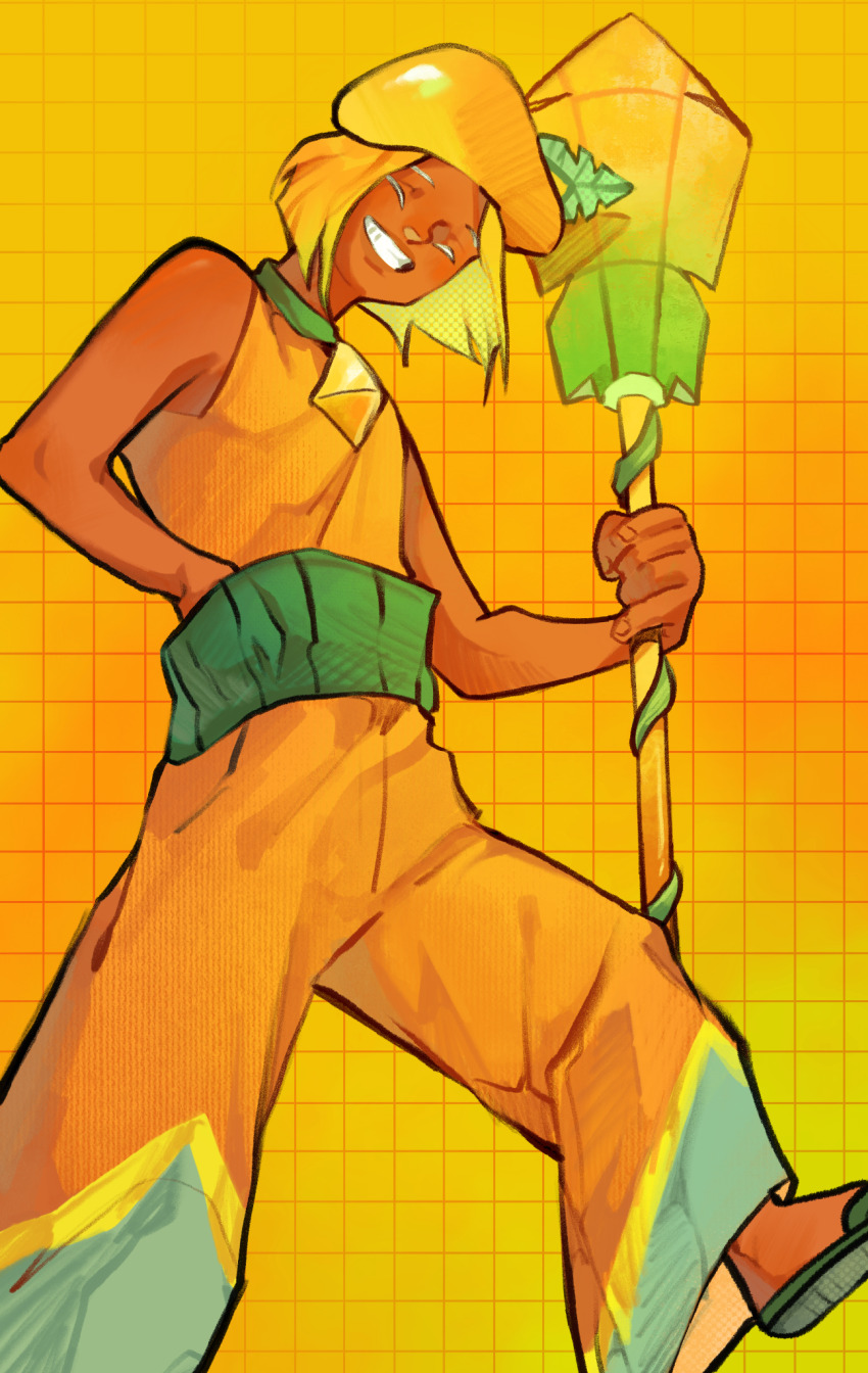 1boy accecakes blonde_hair closed_eyes closed_mouth cookie_run hair_between_eyes highres holding holding_oar humanization looking_at_viewer mango_cookie oar open_mouth procreate_(medium) shirt short_hair smile solo