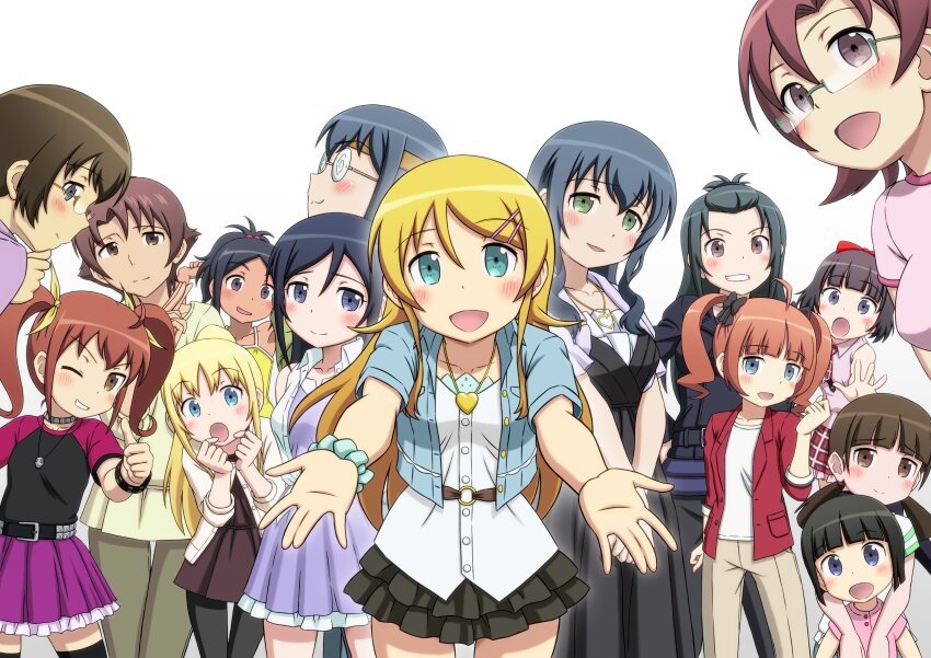 6+girls absurdres akagi_sena aqua_eyes aragaki_ayase black_dress black_hair black_thighhighs blonde_hair blue_eyes bob_cut bow breasts bridget_evans brown_eyes brown_hair brown_headband casual child coke-bottle_glasses commentary_request dress dual_persona foreshortening frilled_skirt frills glasses gokou_hinata gokou_tamaki green_eyes hachimaki hair_bow hair_pulled_back headband highres jewelry kousaka_kirino kousaka_yoshino kurusu_kanako kurusu_kanata low_twintails makishima_kaori makishima_saori medium_breasts medium_dress miniskirt multiple_girls necklace one_eye_closed ore_no_imouto_ga_konna_ni_kawaii_wake_ga_nai outstretched_arms ria_hagry sakaki_youma sakurai_akimi scrunchie short_hair skirt small_breasts tamura_manami textless_version thigh_gap thighhighs thumbs_up translation_request twintails v-shaped_eyebrows wrist_scrunchie