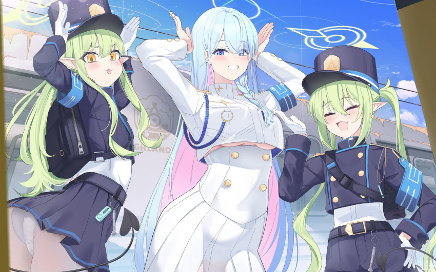 3girls :d :p absurdres ass blue_archive blue_eyes blue_hair blue_halo blue_jacket blue_shorts blue_skirt blush breasts buttons closed_eyes cropped_jacket day demon_girl demon_tail double-breasted dress general_student_council_president_(blue_archive) giga-tera green_hair green_halo grin hair_between_eyes hair_over_one_eye half-closed_eyes halo hand_on_own_hip hand_up hands_up happy highres hikari_(blue_archive) hip_focus jacket long_hair medium_breasts miniskirt multicolored_hair multiple_girls nozomi_(blue_archive) open_mouth outdoors panties pink_hair pleated_skirt shirt shirt_tucked_in short_shorts shorts siblings skirt small_breasts smile standing tail thighs tongue tongue_out twins twintails two-tone_hair underboob underwear upskirt very_long_hair white_dress white_halo white_jacket white_panties white_shirt yellow_eyes