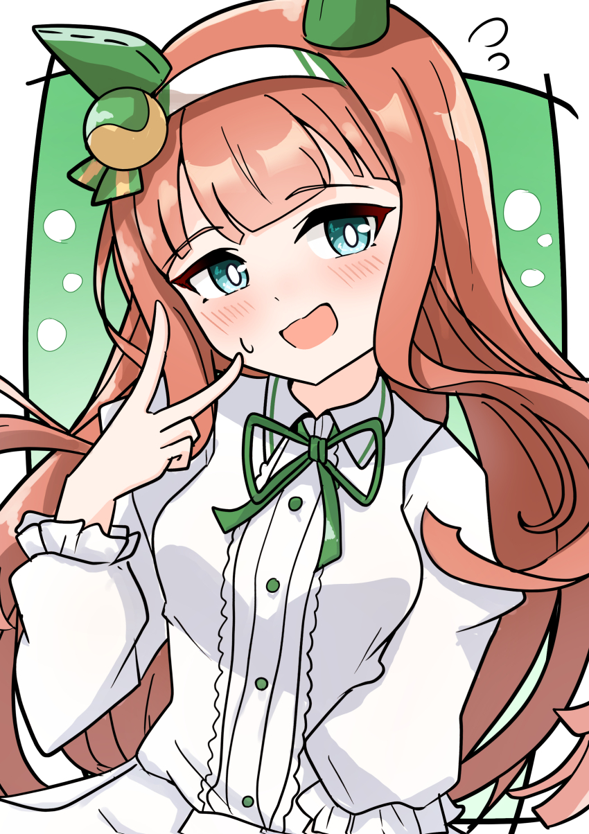 1girl absurdres animal_ears arnolddayo blue_eyes blunt_bangs blush bow ear_bow ear_covers ear_flower hair_ornament hairband highres hime_cut horse_ears horse_girl horse_tail long_hair long_sleeves looking_at_viewer orange_hair orange_tail shirt silence_suzuka_(umamusume) skirt smile solo tail umamusume white_hairband