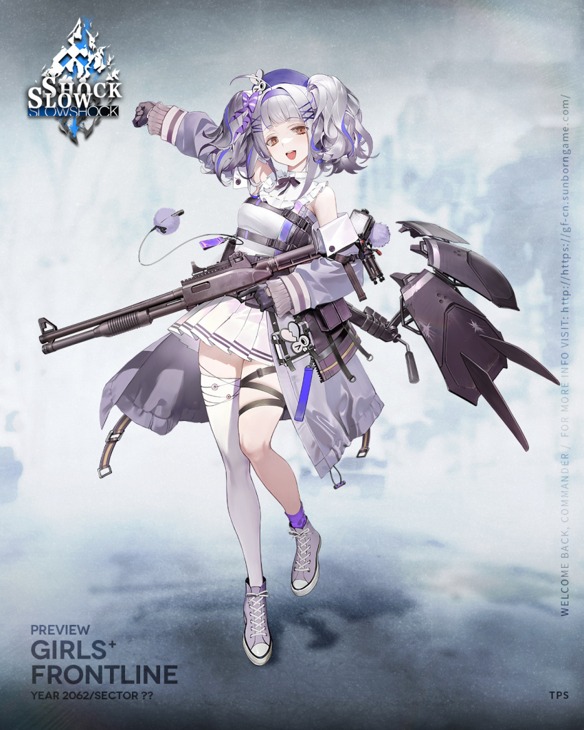 1girl :d ahoge artist_request asymmetrical_legwear belt_pouch black_gloves blue_hair blunt_bangs broken_heart_print buckle character_name check_artist chest_strap collar commentary copyright_name detached_collar detached_sleeves english_commentary fn_tps frilled_collar frills full_body girls&#039;_frontline gloves grey_hair gun hair_ornament hairband highres holding holding_gun holding_weapon looking_at_viewer medium_hair multicolored_hair official_art open_mouth outstretched_arm piercing pleated_skirt pouch purple_hairband purple_headwear purple_shoes purple_socks s.joop second-party_source shield_module shoes shotgun sidelocks single_sock single_thighhigh skirt smile snap-fit_buckle sneakers socks solo standing standing_on_one_leg strapless thigh_strap thighhighs tongue_piercing tps_(girls&#039;_frontline) trigger_discipline tripod tube_top twintails waist_cape watermark wavy_hair weapon web_address white_skirt white_thighhighs white_tube_top x_hair_ornament yellow_eyes