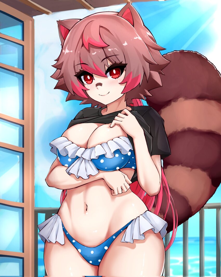 1girl alternate_hairstyle animal_ears archived_source arm_under_breasts bandaid bandaid_on_face bandaid_on_nose bikini black_shirt blue_bikini blue_sky breasts bright_pupils brown_hair brown_tail cleavage clothes_lift colored_tips commentary corrupted_twitter_file cowboy_shot day frilled_bikini frills groin hair_between_eyes hair_flaps hand_on_own_chest hand_up handrail highres indie_virtual_youtuber large_breasts lifting_own_clothes light_blush linea_alba long_hair looking_at_viewer multicolored_hair navel ocean outdoors pink_hair polka_dot polka_dot_bikini ponytail raccoon_ears raccoon_girl raccoon_tail rakkun_sutaru red_eyes red_hair shirt shirt_lift short_sleeves sky slash-ex smile spanish_commentary stomach striped_tail sunlight swimsuit tail thighs virtual_youtuber white_pupils