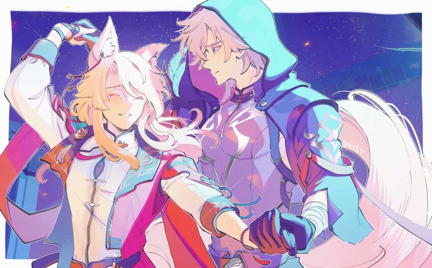 2boys animal_ears bandages bishounen blonde_hair blue_eyes blue_hood blue_sleeves border chinese_clothes closed_eyes fox_boy fox_ears fox_tail gloves grey_hair half_gloves highres holding_hands honkai:_star_rail honkai_(series) hood hood_up jacket jiaoqiu_(honkai:_star_rail) long_hair long_sleeves looking_at_another male_focus moze_(honkai:_star_rail) multiple_boys red_jacket shirt short_hair smile tail velkia white_border white_shirt yaoi